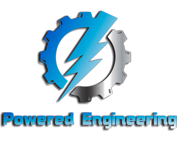 Powered Engineering Logo is a blue lightning bolt through a silver powered gear